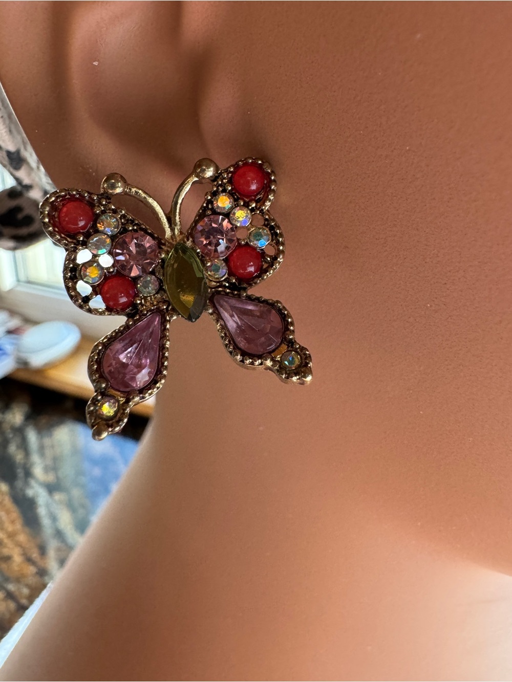 Betsey Johnson Pink, Red & Green Butterfly Drop Earrings